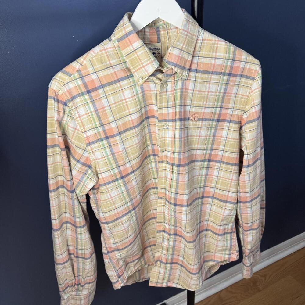 Brooks Brothers Plaid Sport Shirt M Peach Beige Green Cotton Button Down